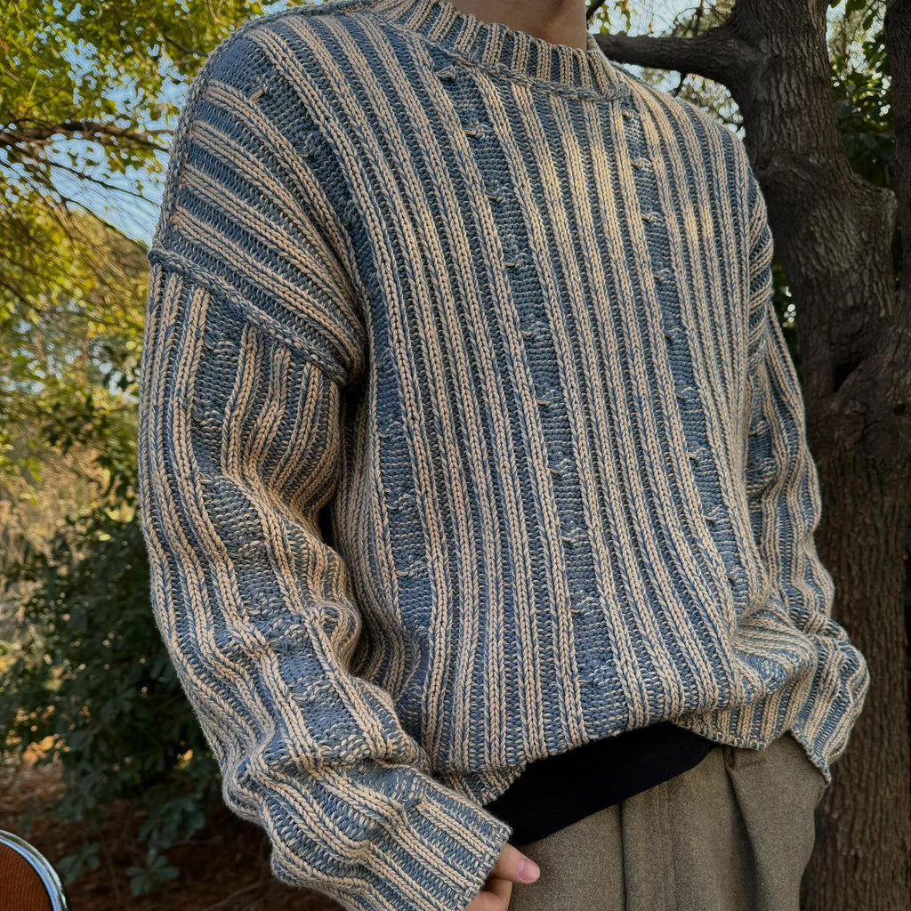Blue men's cotton round neck casual sweater with contrast stripes in loose fit