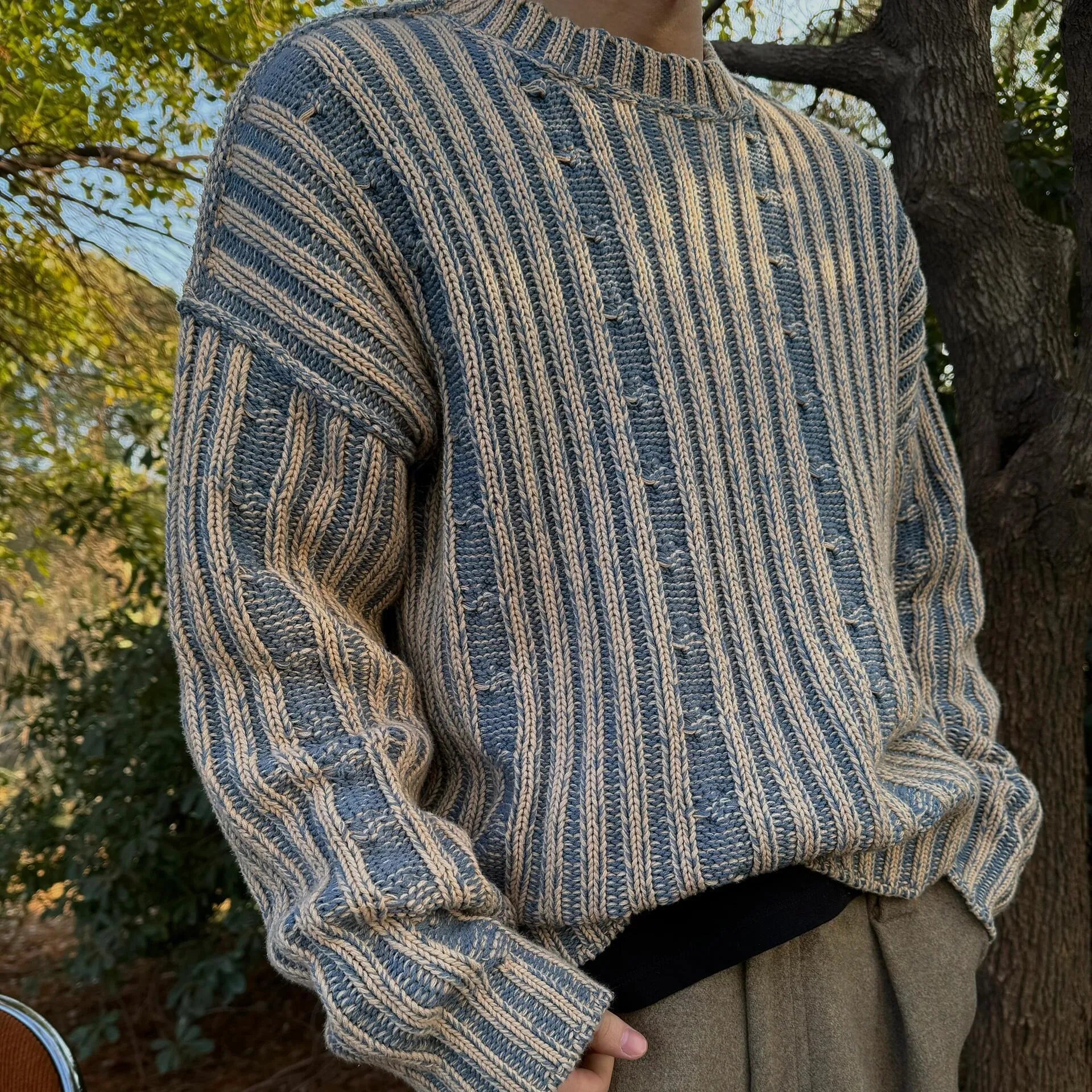 Blue men's cotton round neck casual sweater with contrast stripes in loose fit