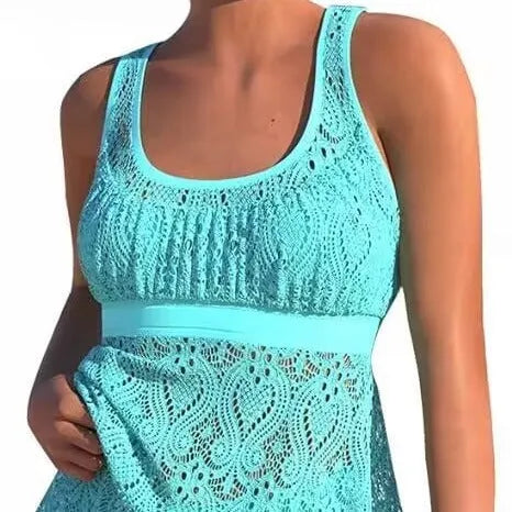 Women's two-piece swimwear set with a sleeveless top and briefs in a solid colour with a hollow split design.