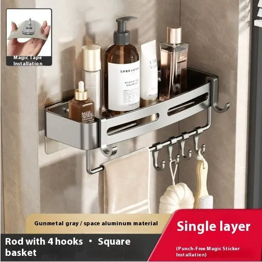Gun grey corner-mounted bathroom rack with triangle basket design and punch-free wall mounting