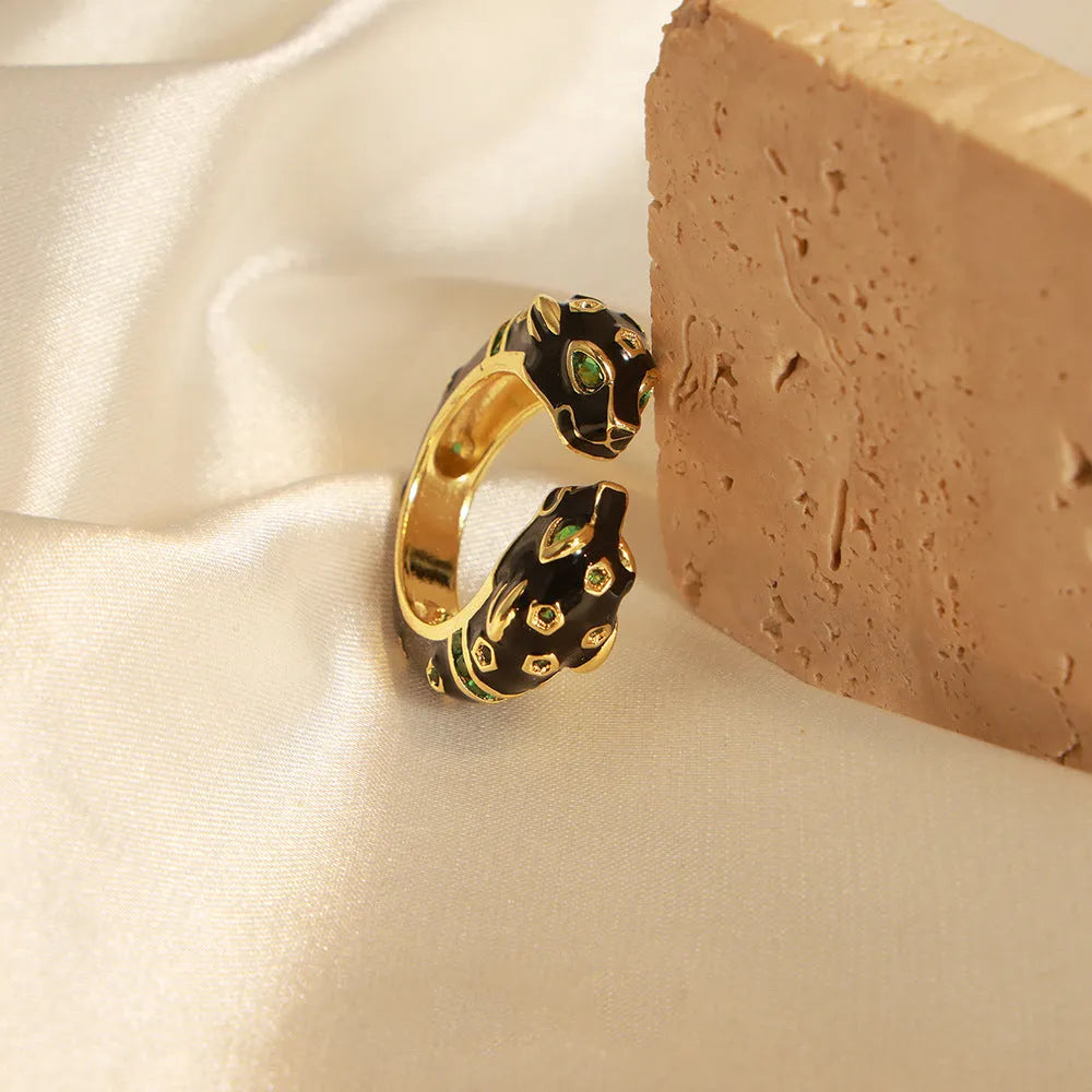 Black cheetah pattern geometric open ring for women, size UK 7, made from electroplated copper.