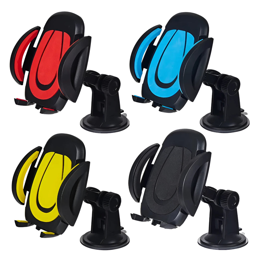 Red U-shaped suction cup car phone holder with wide clamp open, mounted on a car dashboard.