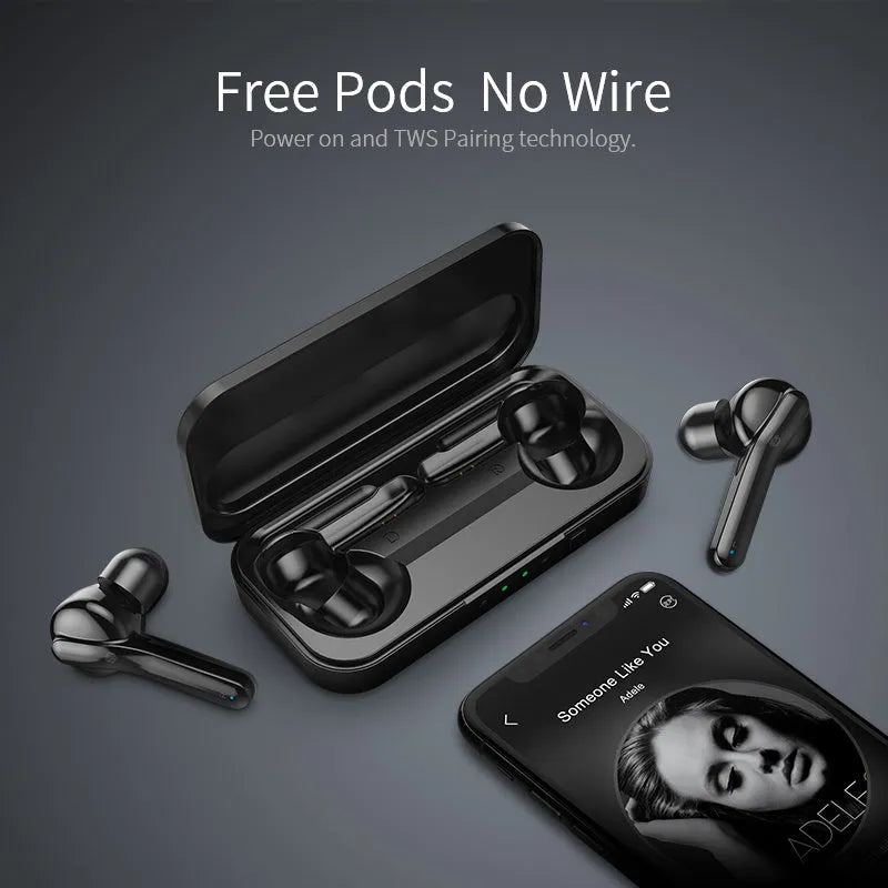 Black and white true wireless stereo earbuds with charging case, featuring Bluetooth 5.0 and IPX5 waterproof rating.