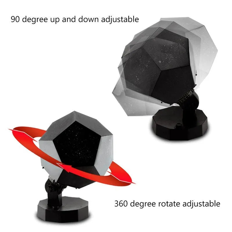 LED starry sky projector night lamp on a table projecting constellations onto a dark bedroom ceiling.