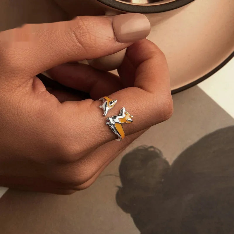 Silver electroplated adjustable ring with cartoon corgi dog design