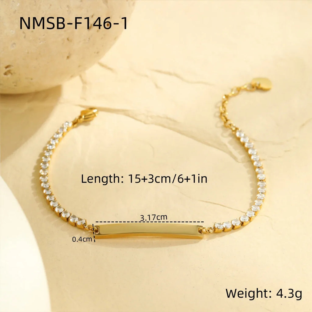 Diamond-embedded lettering bracelet, stainless steel, 18K electroplated, geometric quadrangle, 41-50cm