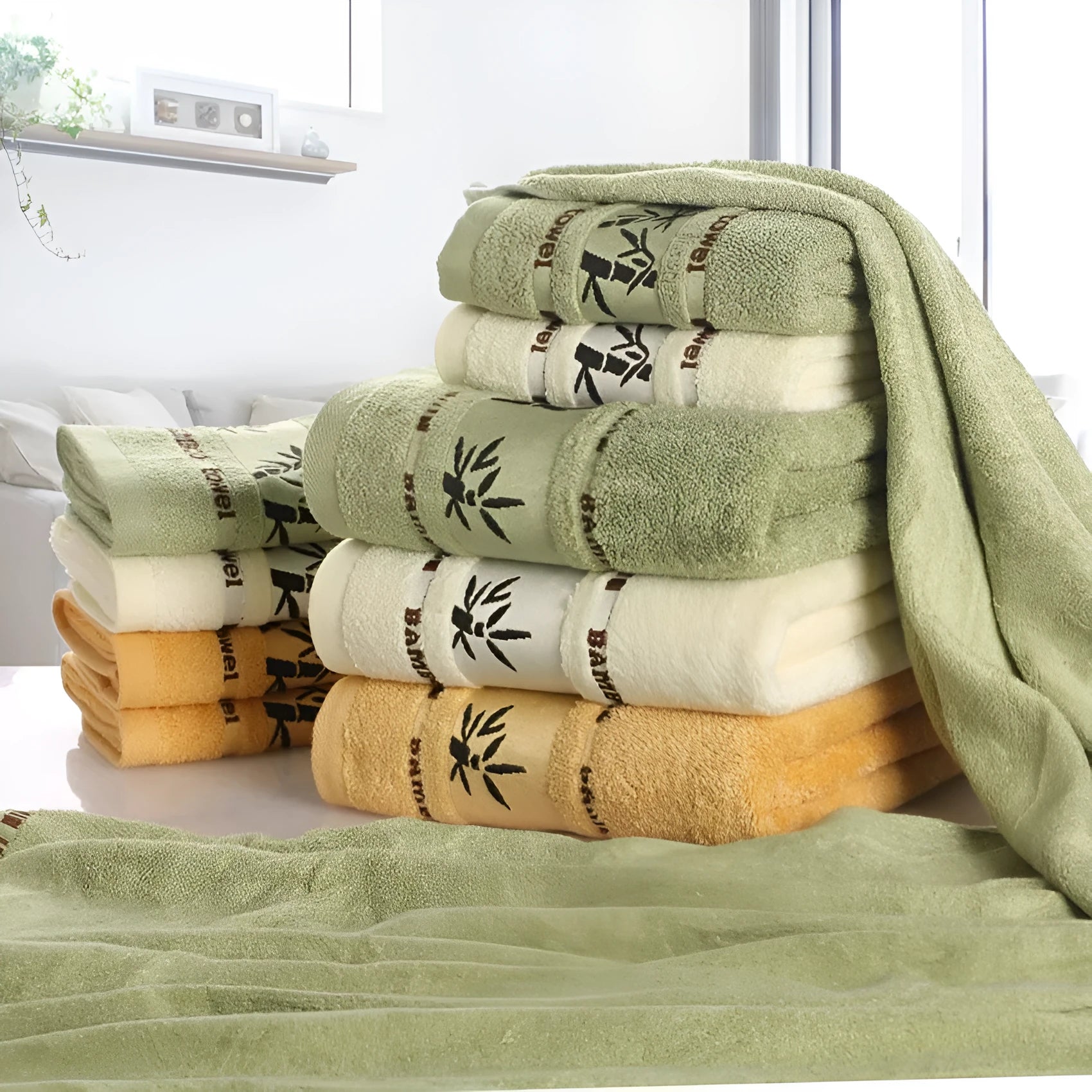Bamboo charcoal fibre bath towel set 70x140cm in white, green and yellow quick-drying lint-free