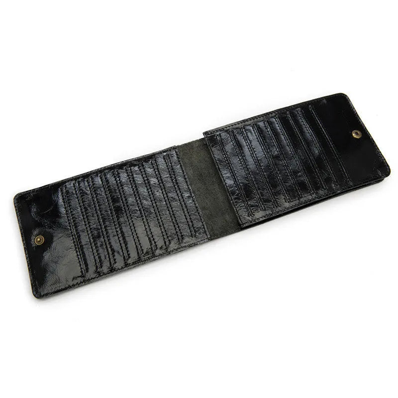 Men's long leather card wallet in crazy horse hide with 18 card slots and a phone compartment.