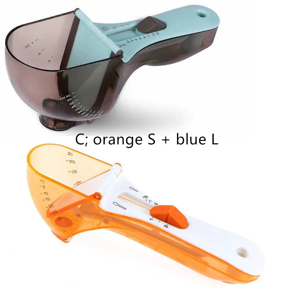 Blue and orange digital measuring spoons with magnetic connection and ergonomic handles