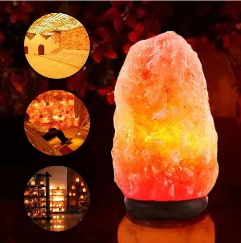Natural rock salt crystal lamp with warm glow on bedside table, compact 10-11cm diameter