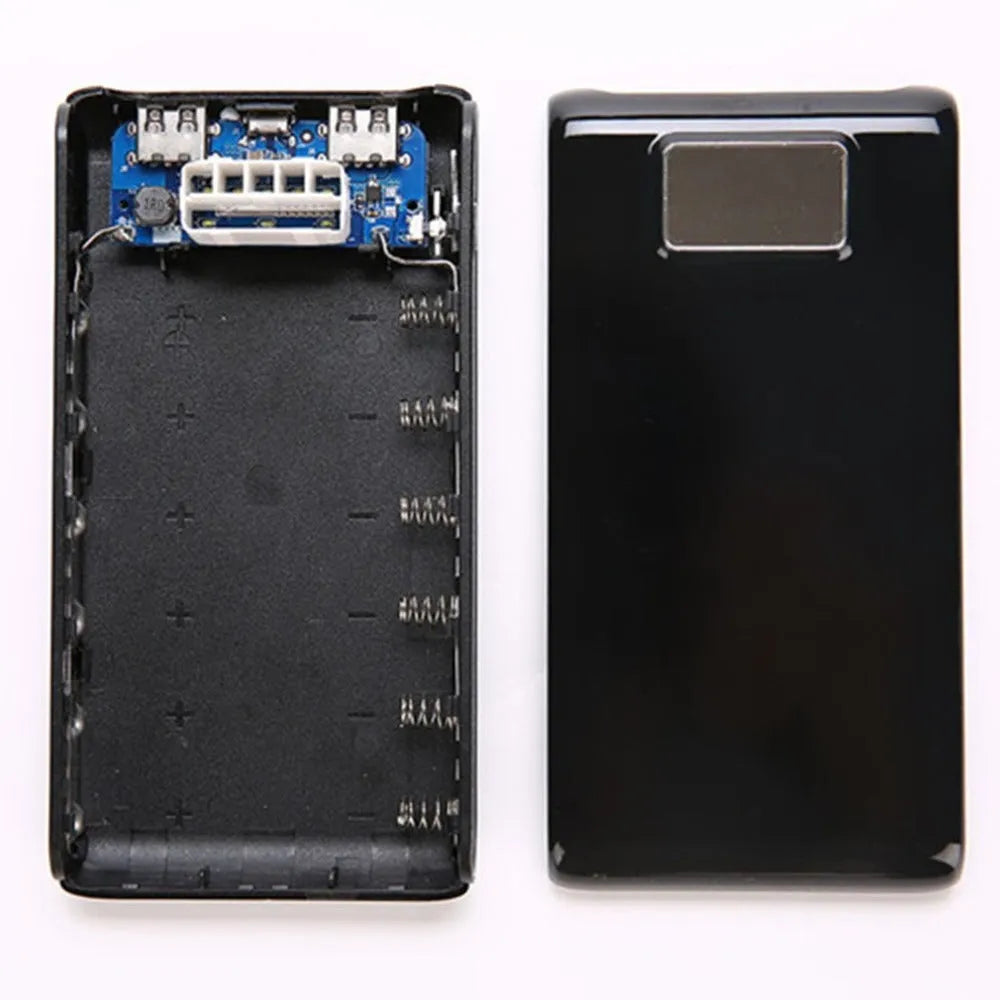 DIY 18650 mobile charging bank case kit showing black enclosure with USB ports for six battery cells