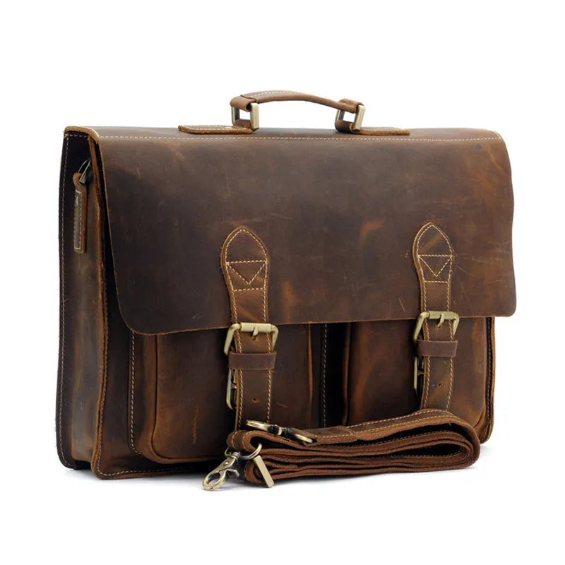 Yellow brown Crazy Horse leather messenger bag with shoulder strap and cowhide construction