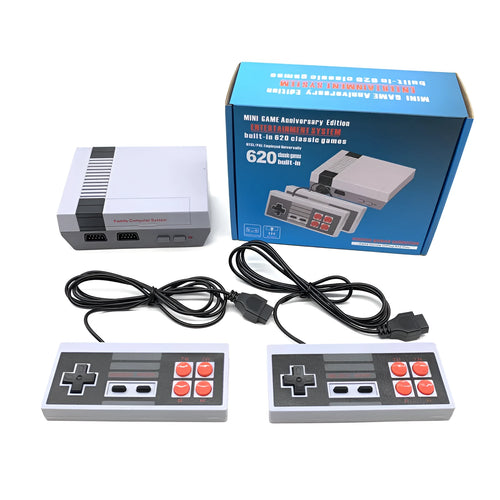 Compact black 8-bit NES retro game console with two red controllers on a stand.