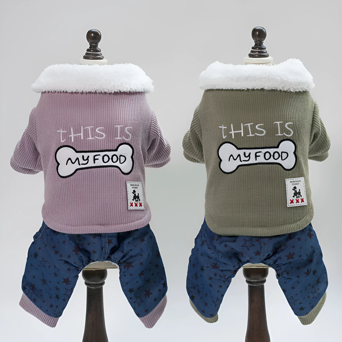 Cotton pet clothing with bone design in green or pink, sizes S to XXL