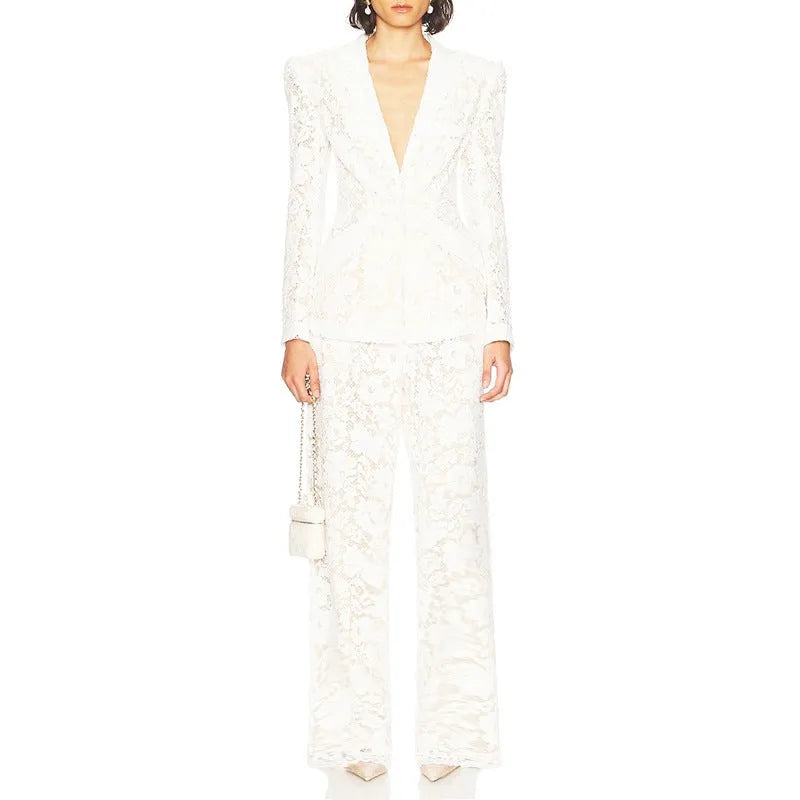 Women's solid colour polyester two-piece suit with long-sleeve button top and slim-fit straight-leg trousers in black and white