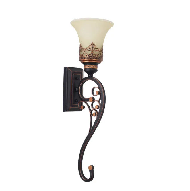American wrought iron single head wall lamp with glass shade 55cm height black finish