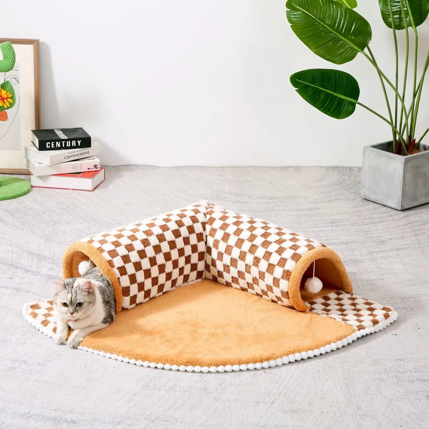 XL plush dog and cat bed with an attached tunnel in a plaid design, showing coffee colour and granular anti-slip bottom.