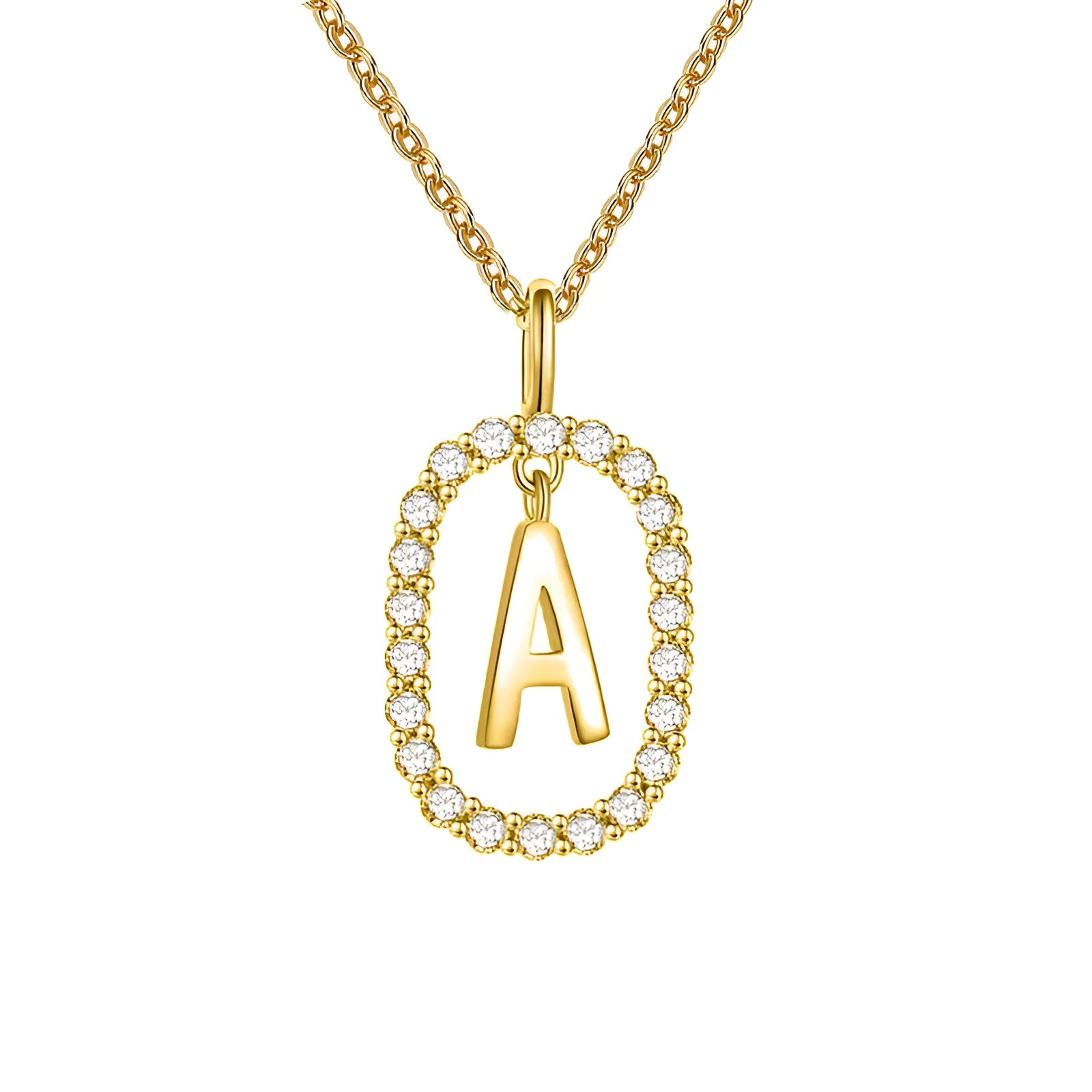 Gold crystal letter necklace with rhinestone initial on oval pendant and O-chain