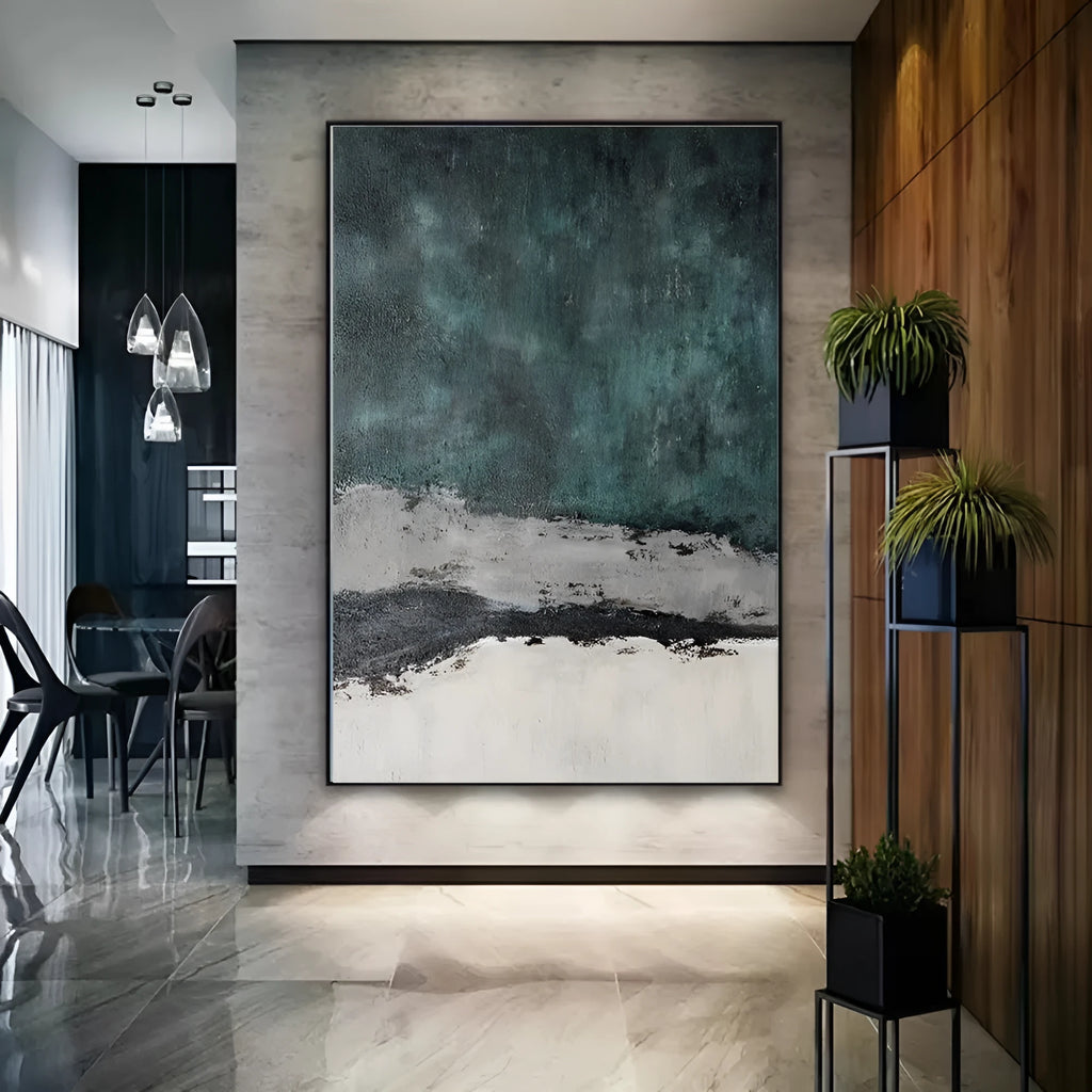 Large abstract handmade painting retro green texture on canvas, hand-painted, vertical orientation, no frame