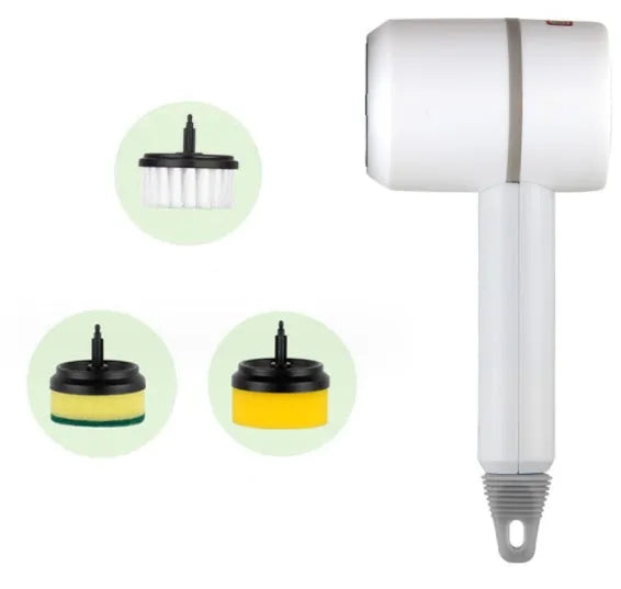 White electric cleaning brush with rotating scrub head and separate scouring pad attachment
