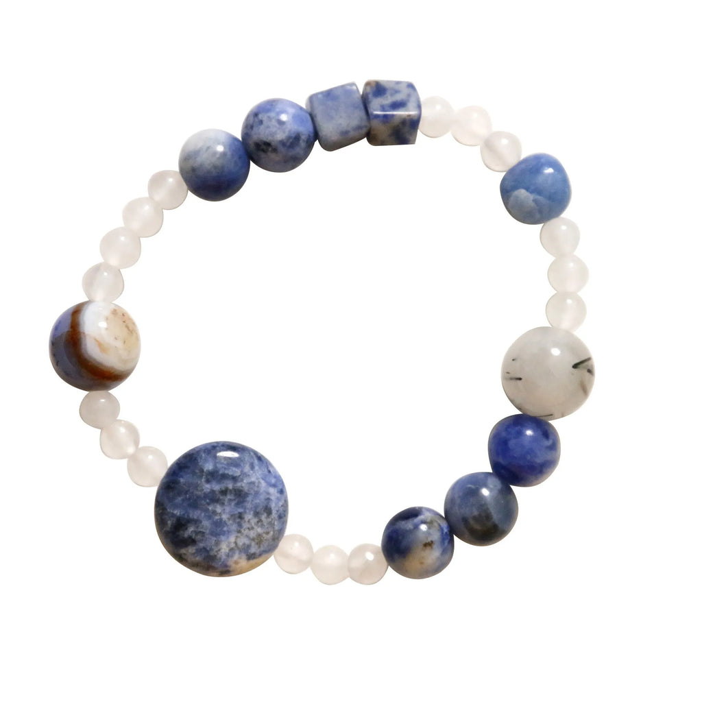 Hand-woven natural blue point stone and black hair crystal agate bracelet with geometric design