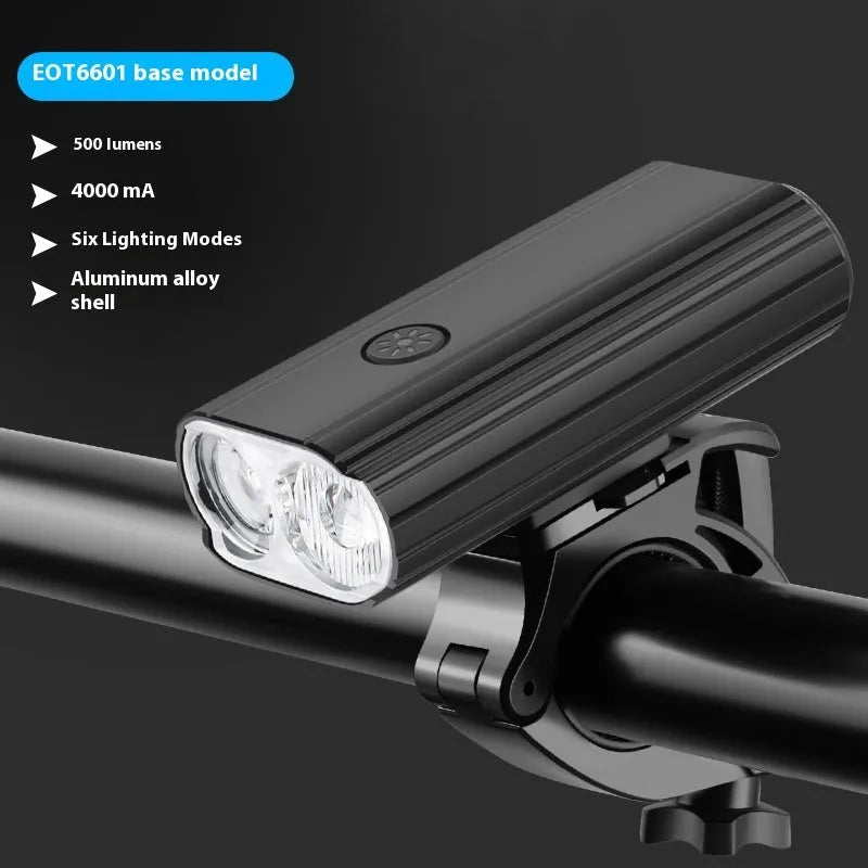 Aluminium bicycle headlight with twin LED bulbs and quick release mount showing USB Type-C charging port