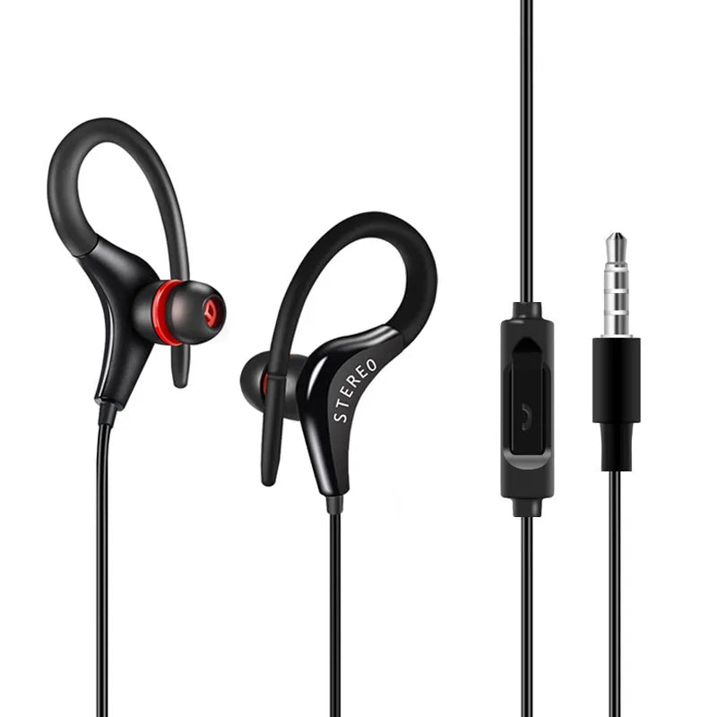 Black wired earhook sport headphones with over-ear hooks and a 3.5mm plug.