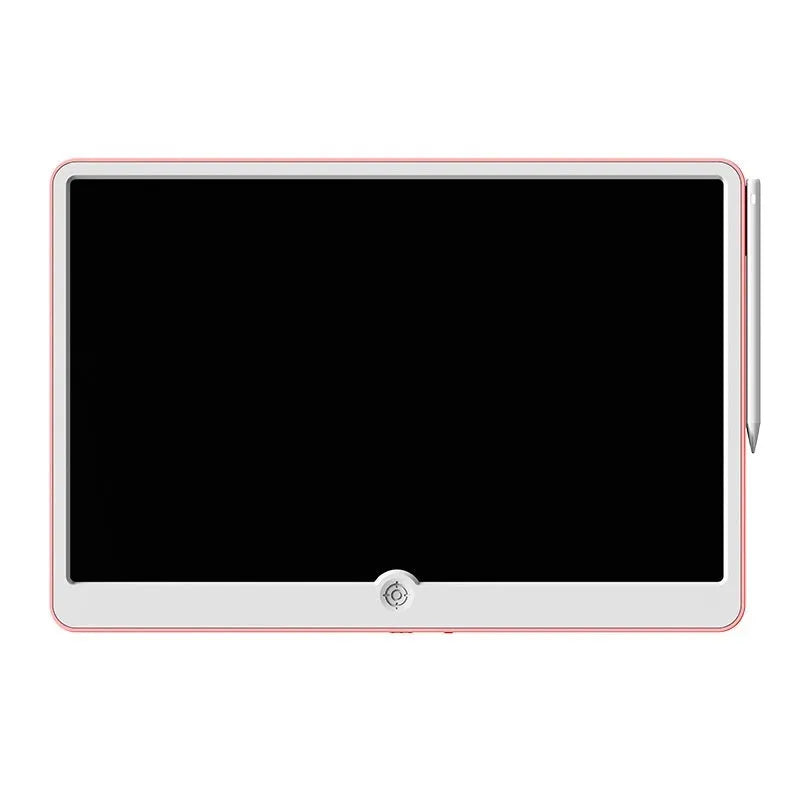 19-inch LCD drawing board for kids with blue and white frame on a wooden table.