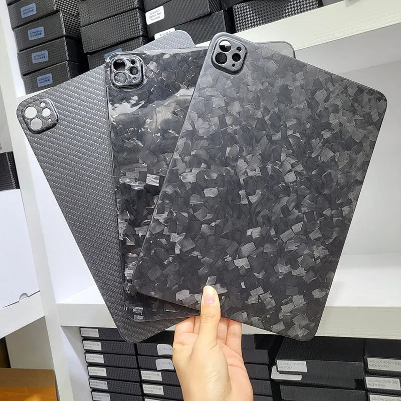 Real carbon fibre flat protective cover for Apple iPad Pro 11 in a choice of matte or forged finishes.