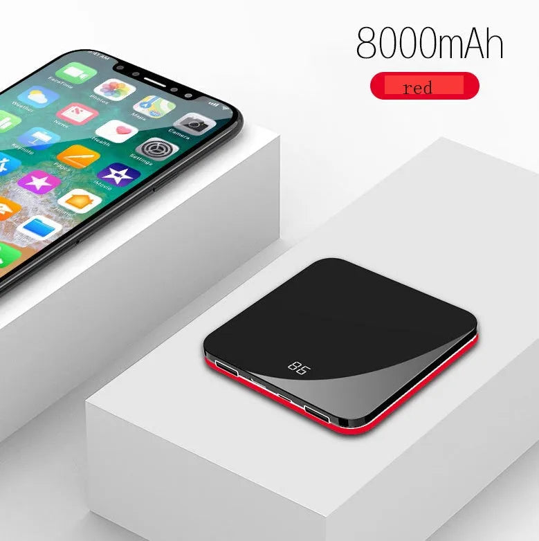 Ultra-thin mirror mini charging bank with LCD display and alloy shell in rose gold finish