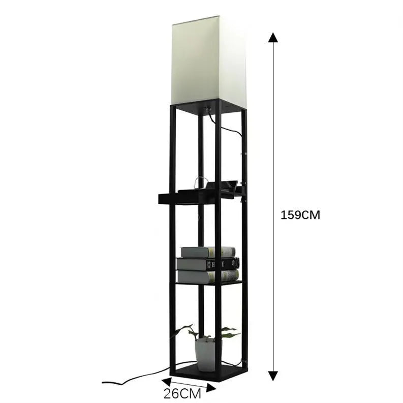 Black multifunctional floor lamp with charging shelf, fabric shade, wood body, D260 x H1600 mm, LED living room light