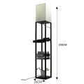 Black multifunctional floor lamp with charging shelf, fabric shade, wood body, D260 x H1600 mm, LED living room light