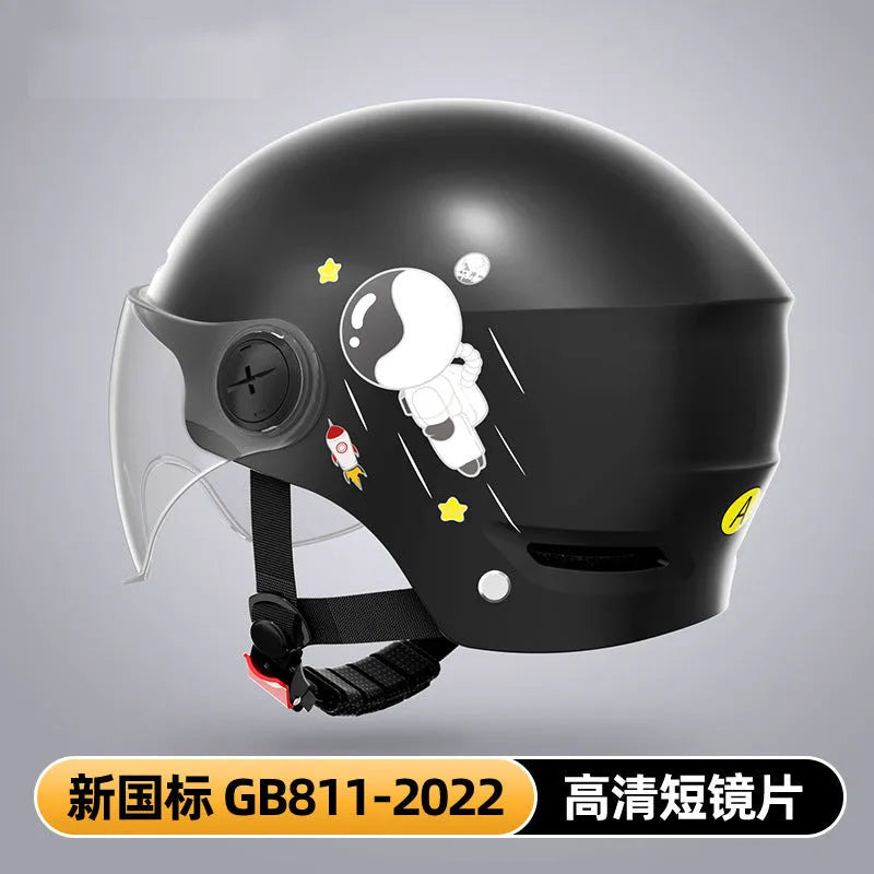 Khaki coloured half helmet for adults on an electric scooter, featuring a long mirrored visor.