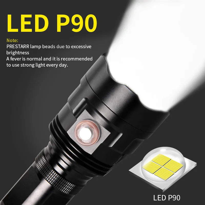 Black aluminium alloy tactical LED torch with 55mm head showing six dimming modes and USB charging port