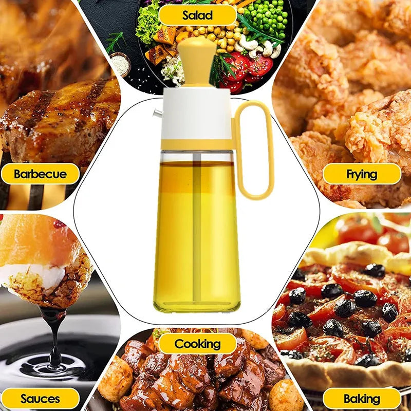 550ml clear glass oil dispenser bottle with stainless steel spray nozzle and a yellow silicone brush head attached.