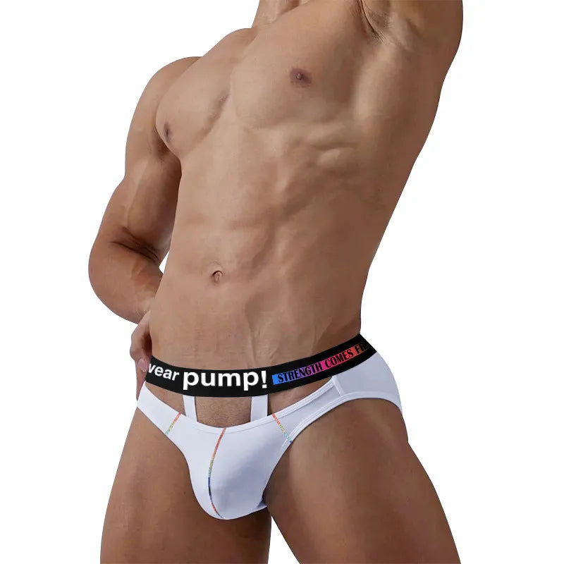 Men's black modal fabric briefs with low waist design on mannequin