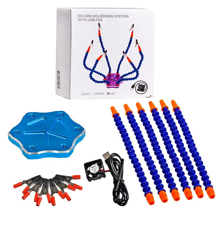 Six jaw aluminium alloy welding station with seven arms on a non-slip base, shown in black and purple colour options.
