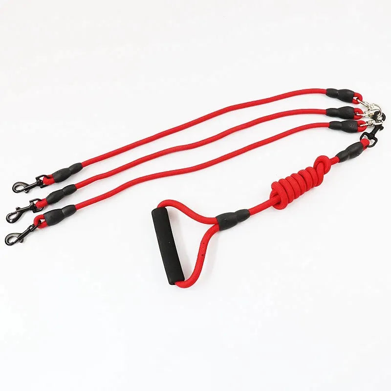Multi dog leash made of pet rope for three dogs, available in black, colourful, and red colours