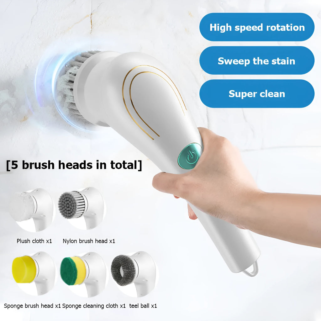 White USB rechargeable cordless electric cleaning brush with five different brush heads on a table.