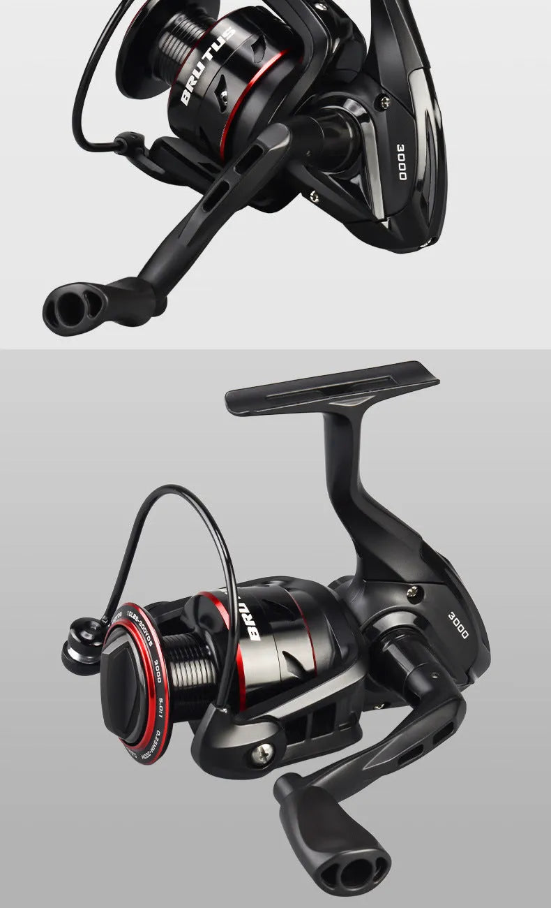 All-metal spinning fishing reel shown in four series sizes with telescopic fishing rod
