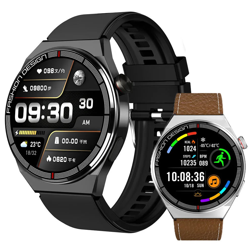 Black Bluetooth smartwatch with NFC on a wrist, showing heart rate data on its 1.28-inch screen.