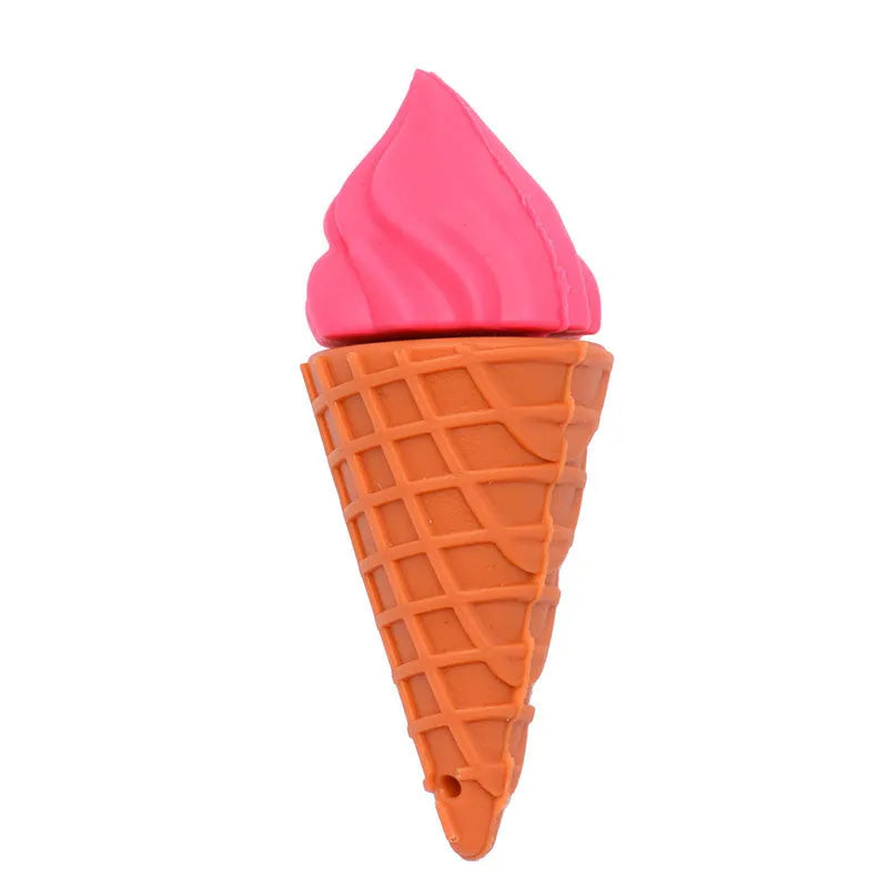 Miniature pink ice cream cone shaped USB flash drive on a white background.