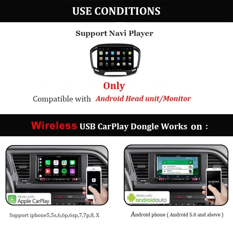 Black wireless CarPlay USB dongle for Android car stereos with Bluetooth connectivity