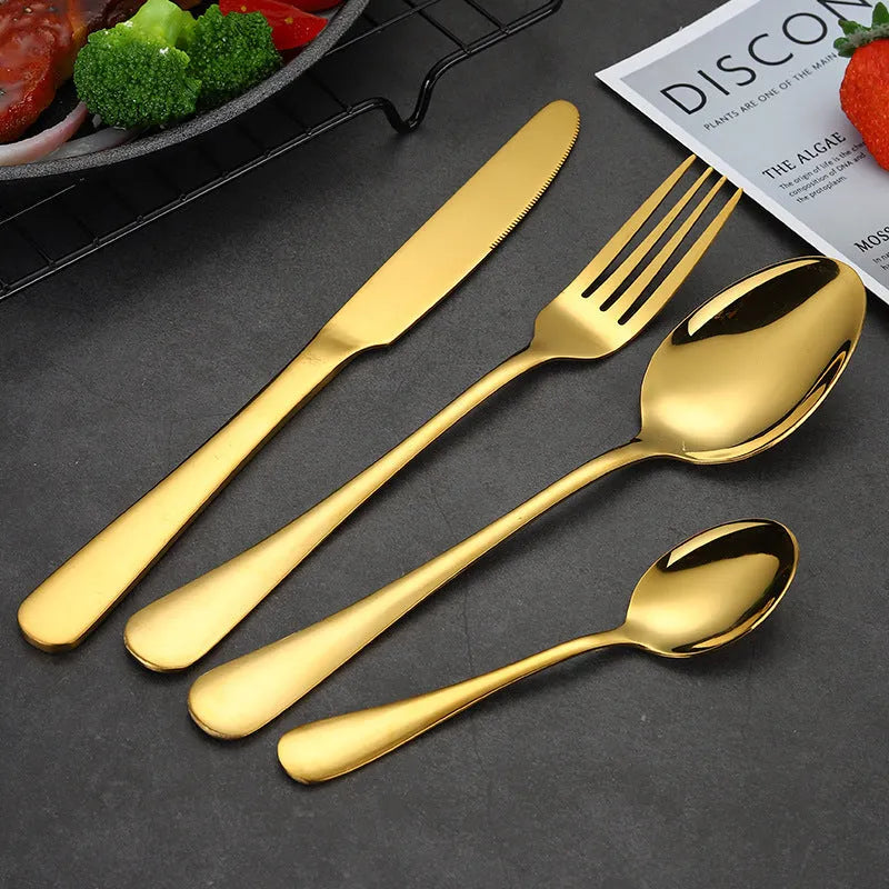 24-piece stainless steel cutlery set showing table knives, forks, and spoons in a gold colour option.