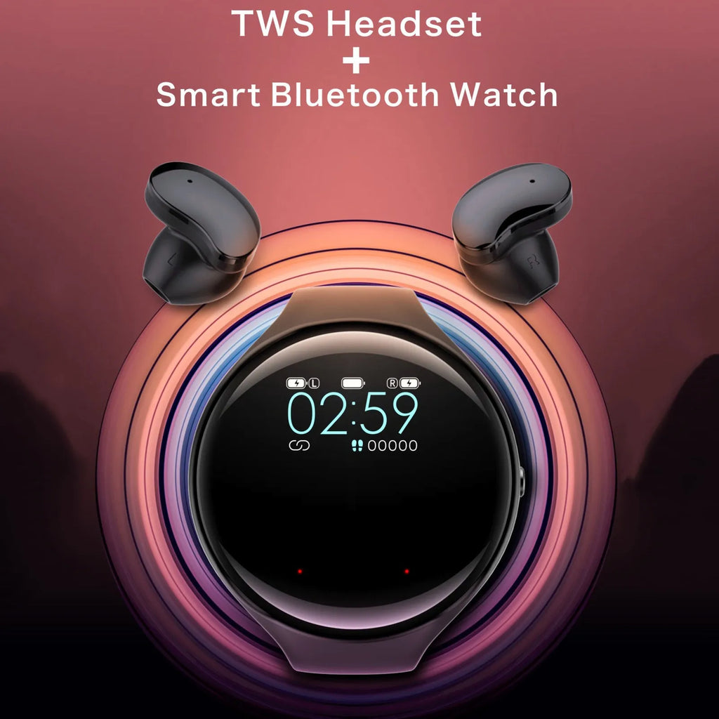 Black smart bracelet with detachable TWS Bluetooth earphones showing colour screen display