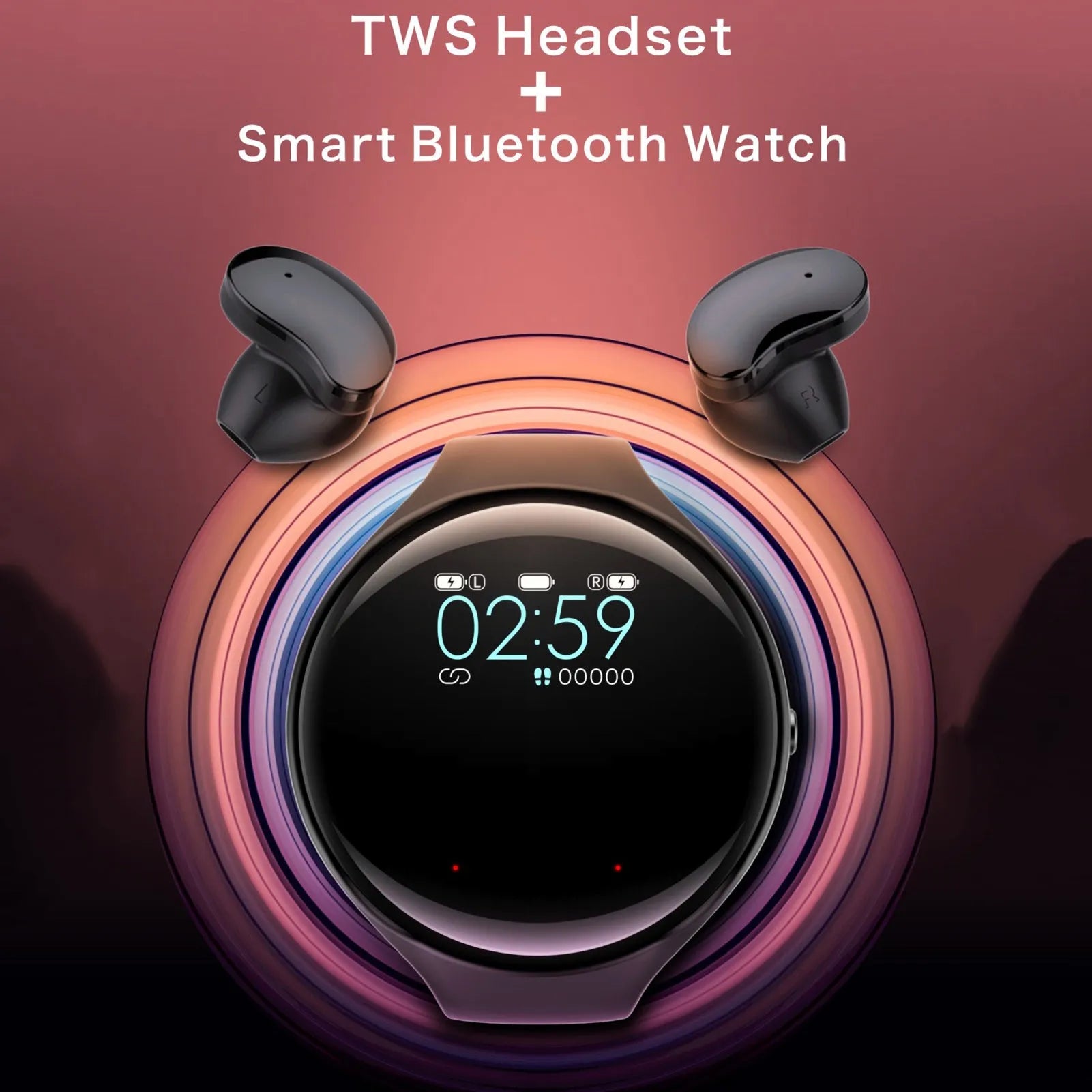 Black smart bracelet with detachable TWS Bluetooth earphones showing colour screen display