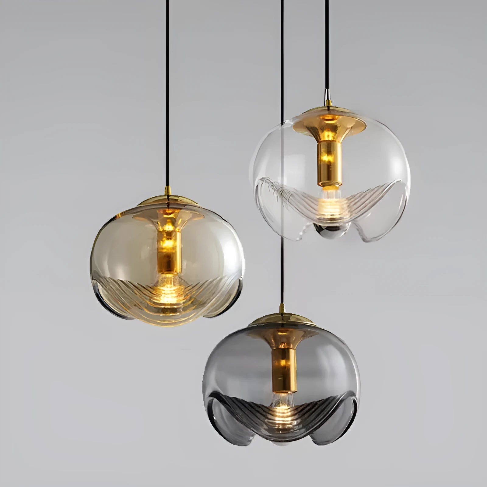 Modern minimalist glass chandelier bedside lamp with 250mm diameter in transparent, amber, or smoky grey light colour options
