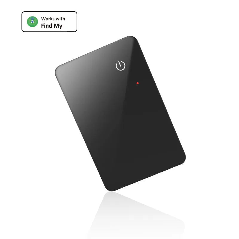 Black NFC pet tracking card with wireless charging, showing hanging hole and slim 2.1mm profile.