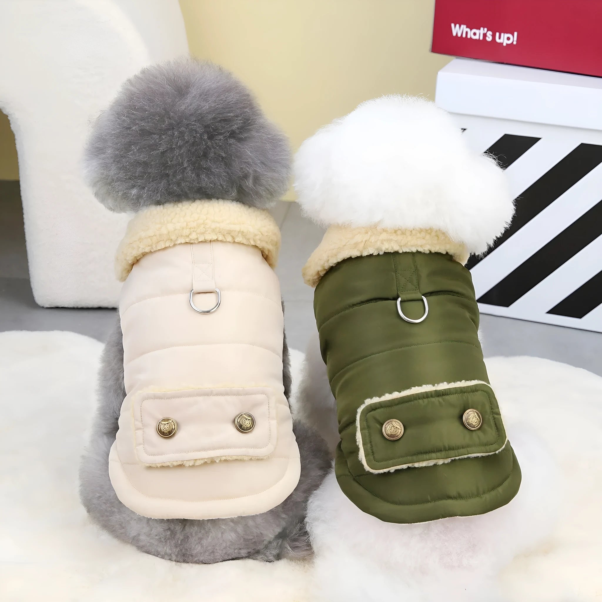 Pet dog cat teddy Nordic fur collar cotton vest in green and khaki, sizes S to XXL, on model