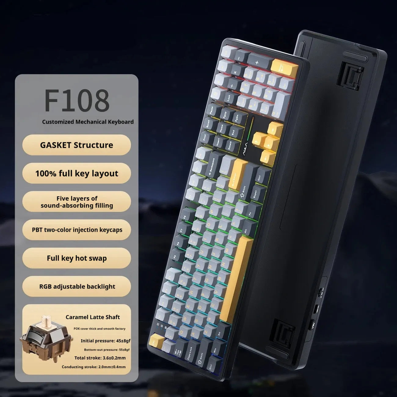 F108pro wireless mechanical keyboard in Milk Brown colour with USB cable and spare switch